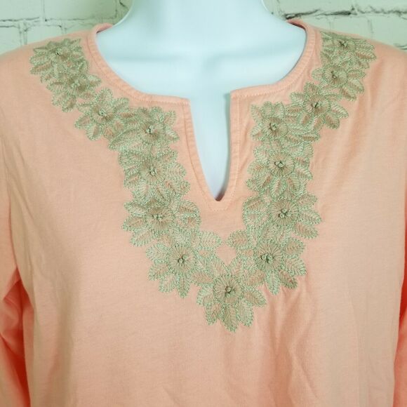 J Jill Womens Shirt Small Embroidered Long Sleeve Pink Peach Soft Linen Top Boho - Picture 2 of 6